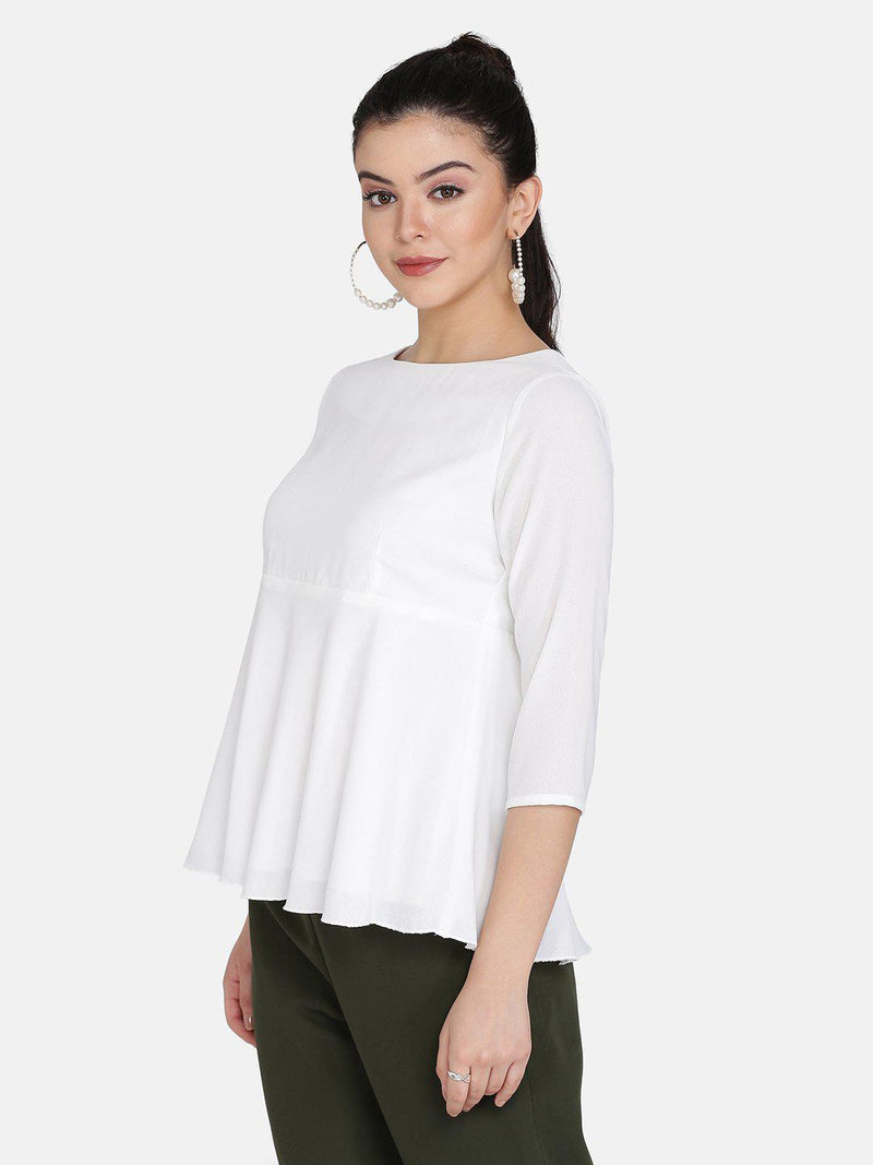 High Waist Flare Poly Moss Top For Women - White