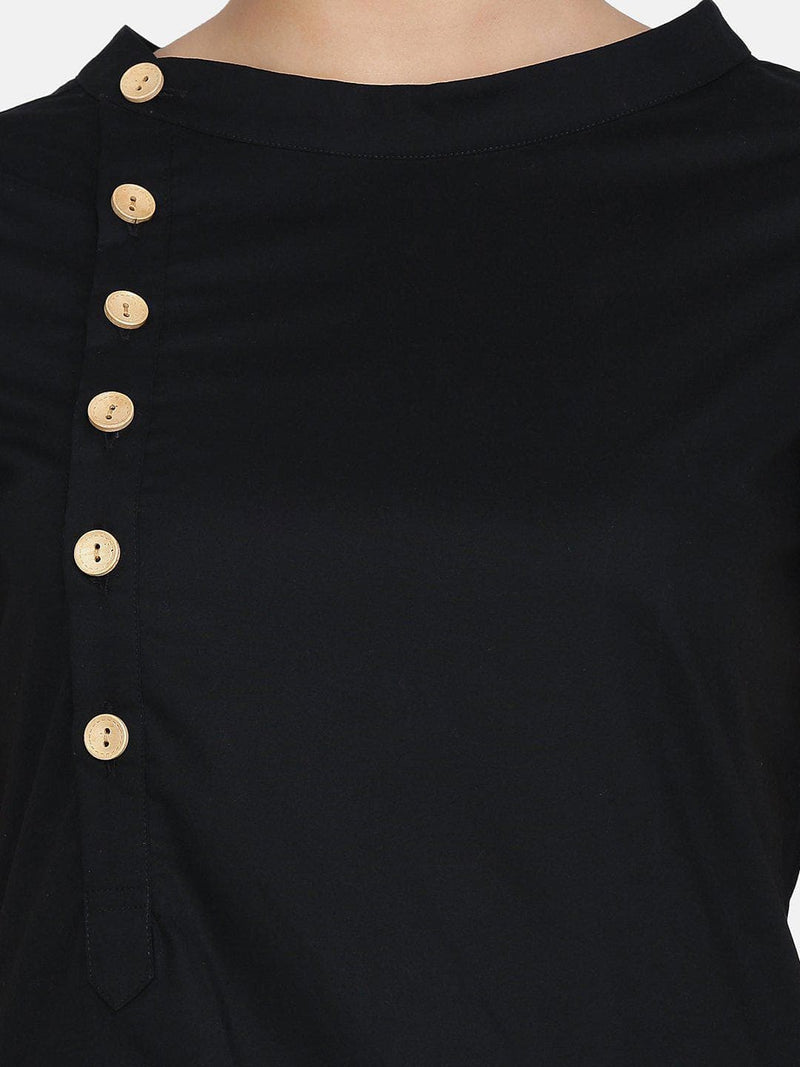 Wood Button Detail Cotton Top For Women - Black