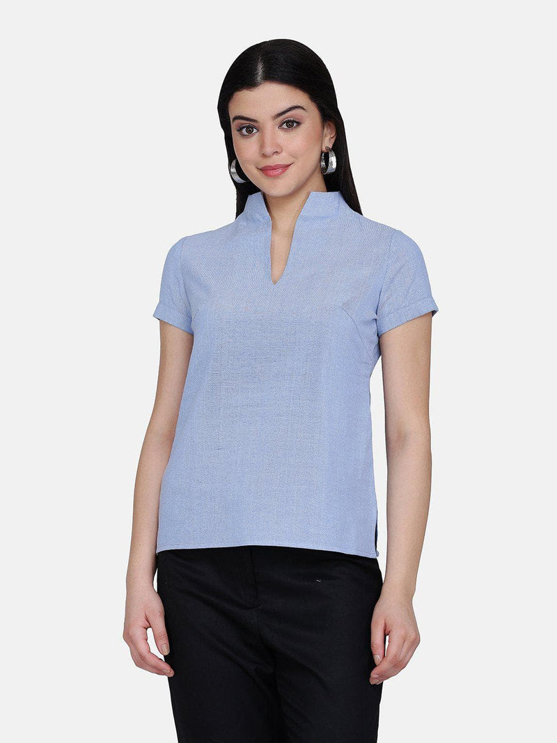 Chambray Slit Neck High Collar Cotton Top For Women - Sky Blue