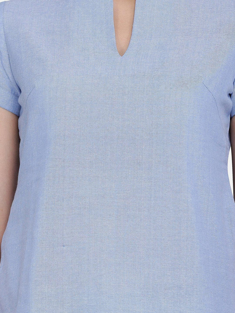 Chambray Slit Neck High Collar Cotton Top For Women - Sky Blue