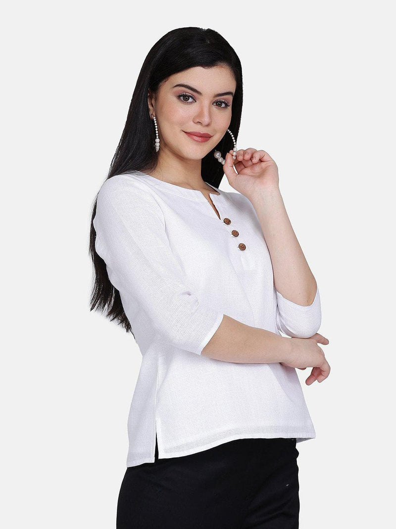 Wood Button Detail Cotton Top For Women - White