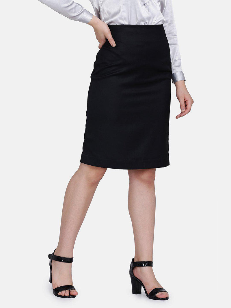 Black Poly Cotton Straight Skirt