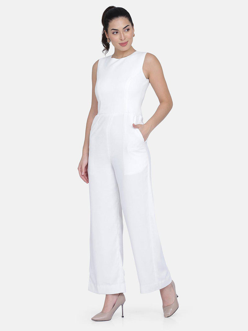 White Poly Crepe Lined Jumpsuit