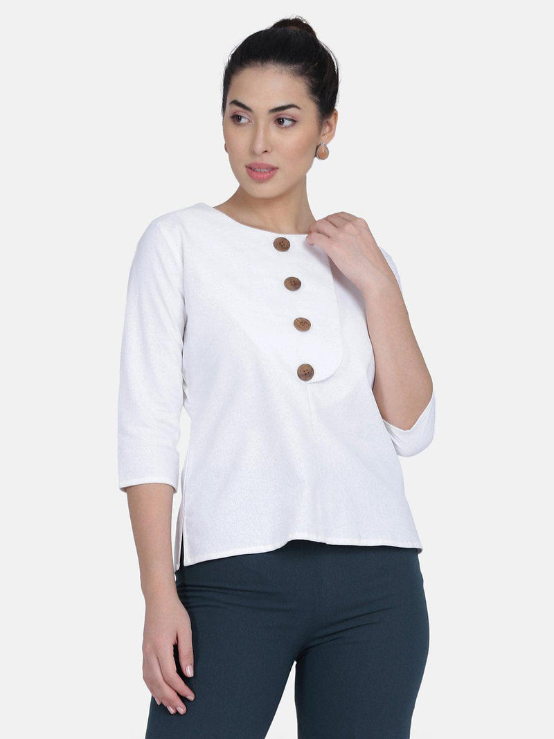 Flap & Button Cotton Top For Women - White