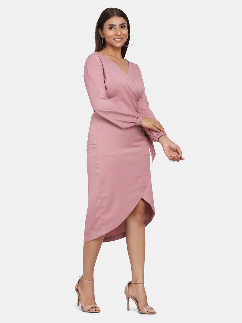 V-Neck Wrap Around Stretch Evening Dress For Women - Blush Pink
