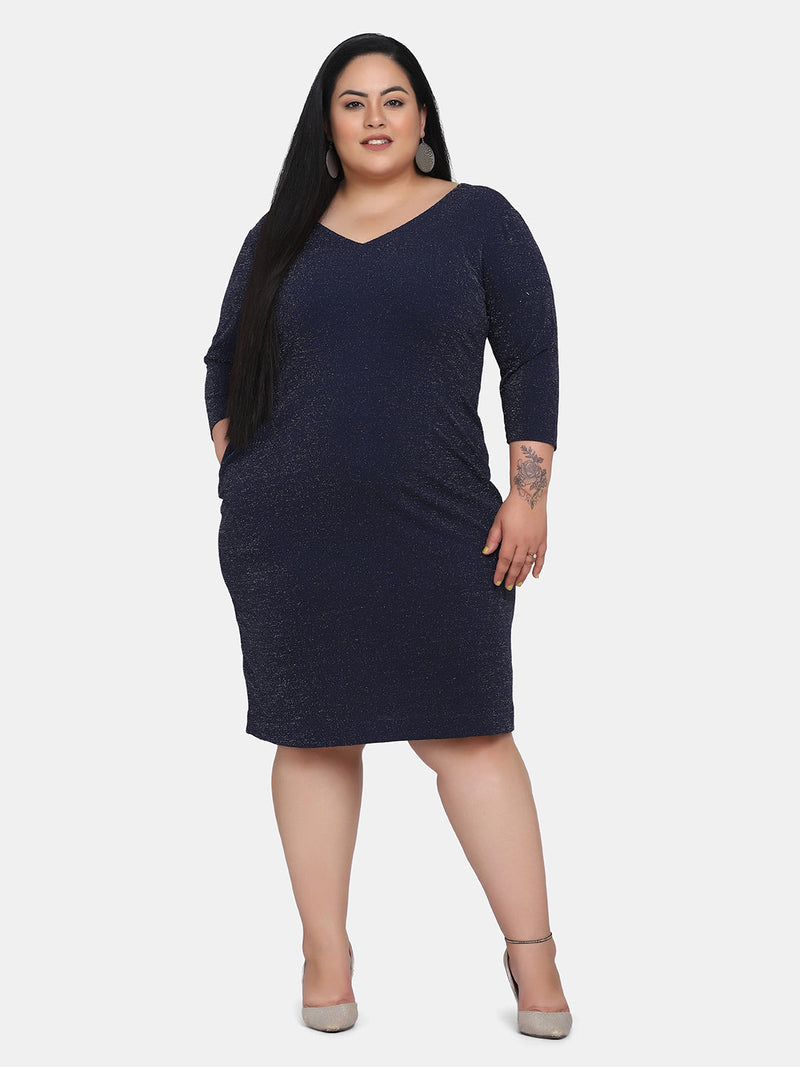 Shimmery Stretch Party Dress For Women- Navy Blue