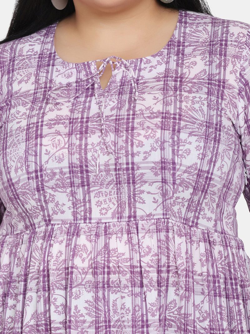 Print Tiered Long Cotton Dress For Women- Purple