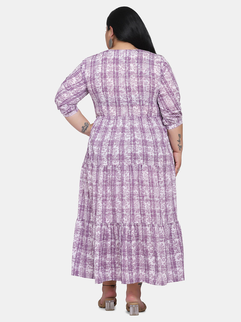 Print Tiered Long Cotton Dress For Women- Purple