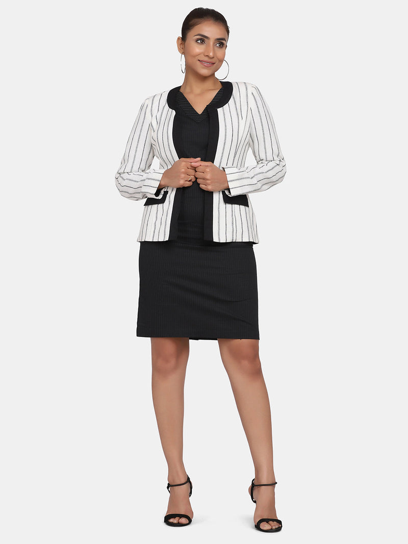Front Open Striped Jacket For Women - White
