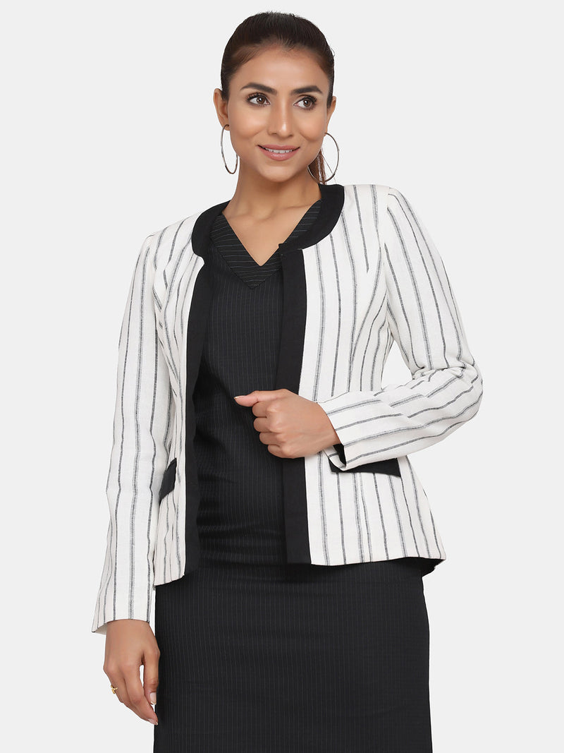 Front Open Striped Jacket For Women - White