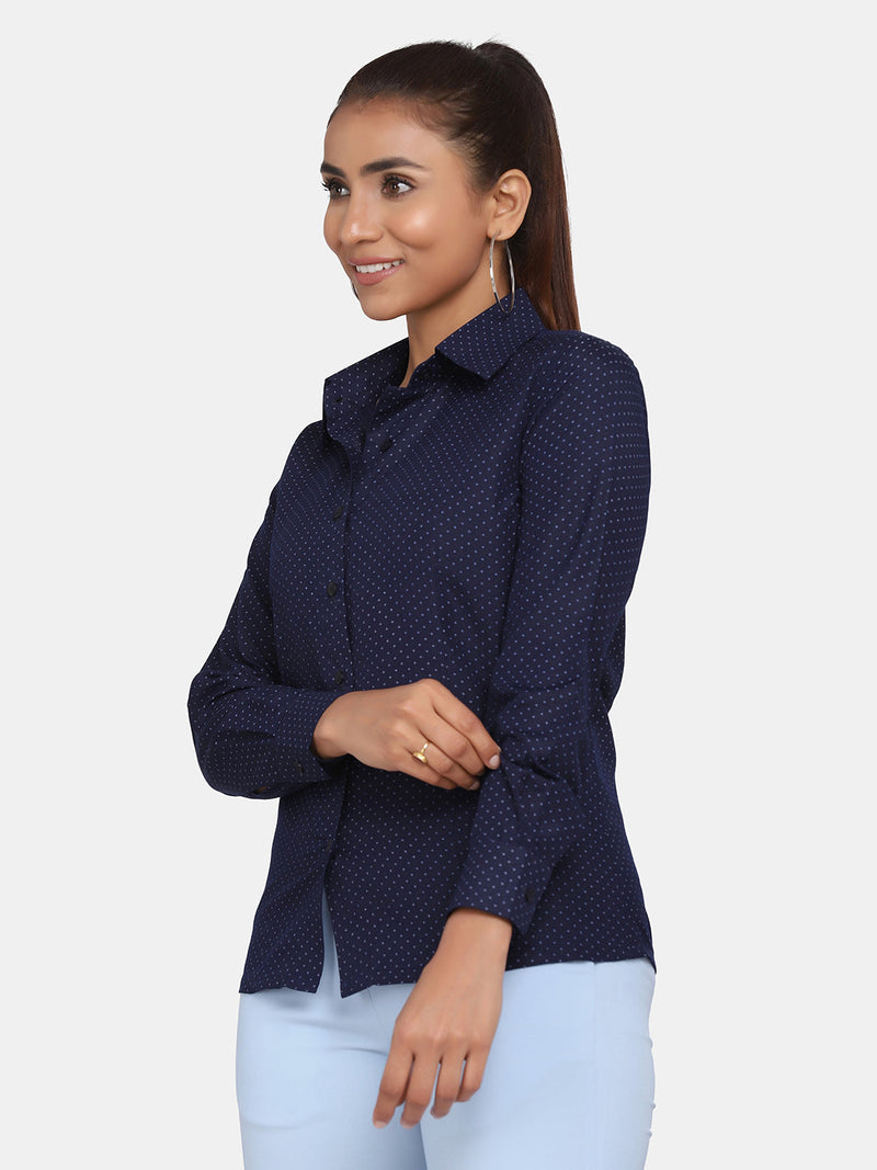 Printed Collared Formal Shirt for Women - Navy Blue