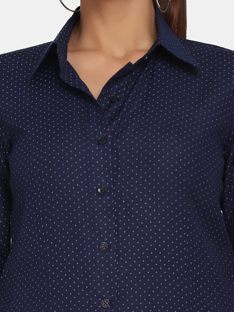 Printed Collared Formal Shirt for Women - Navy Blue
