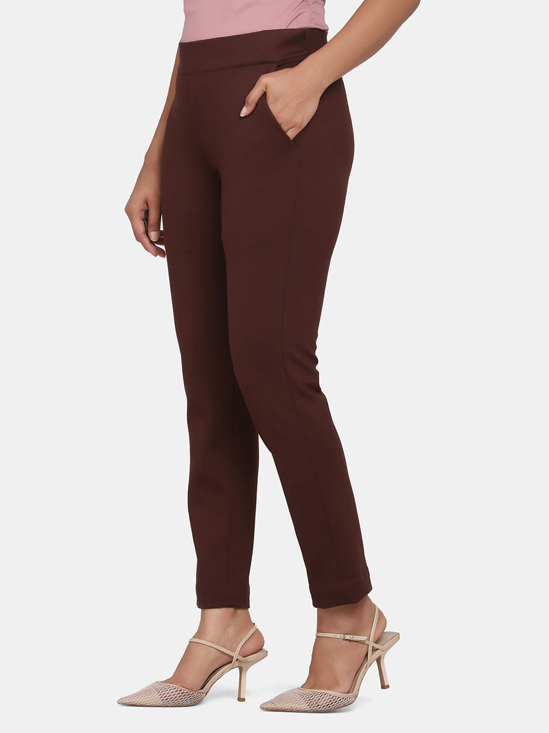 Slim-Fit Stretch Trousers For Women- Chocolate Brown