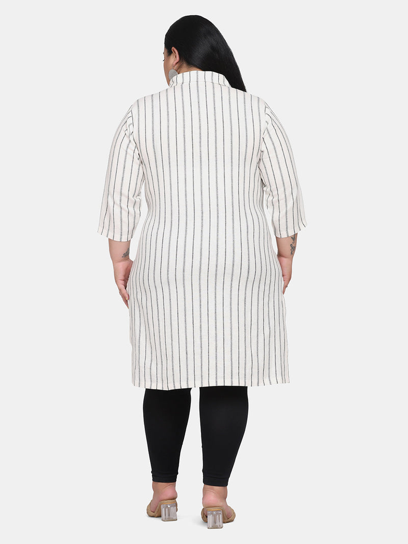 Women’s Work Casual Linen Striped Kurti - White