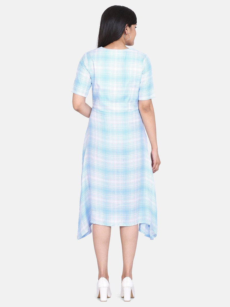 Check Rayon A Line Dress For Women - Sky Blue