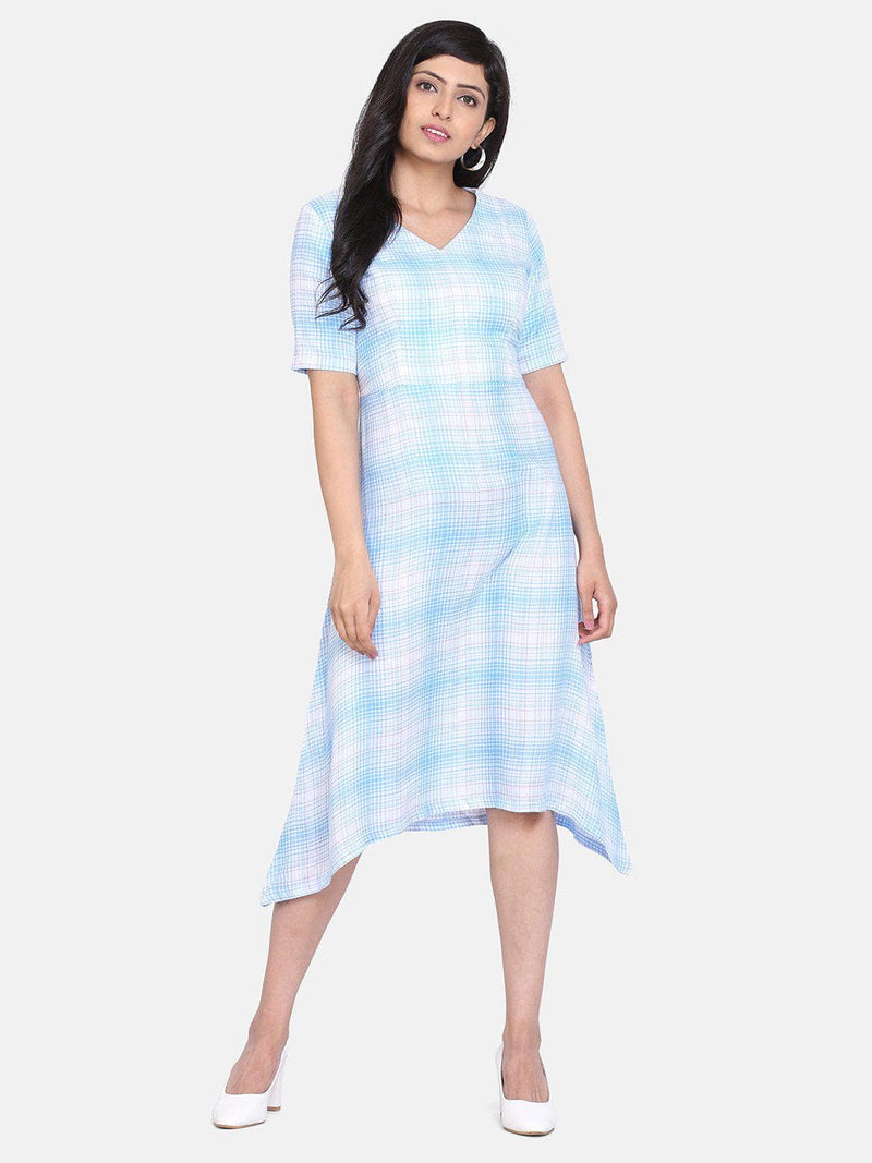 Check Rayon A Line Dress For Women - Sky Blue