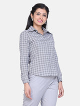 Check Collared Cotton Shirt For Women - Light Grey