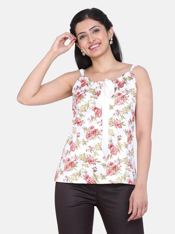 Floral Print Satin Front Tie Ruched Top For Women - Off White