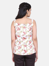 Floral Print Satin Front Tie Ruched Top For Women - Off White