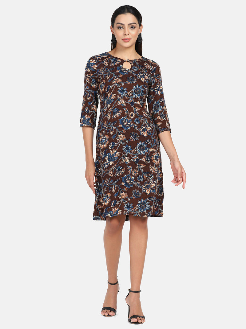 Floral Print Cotton Dress - Brown and Blue
