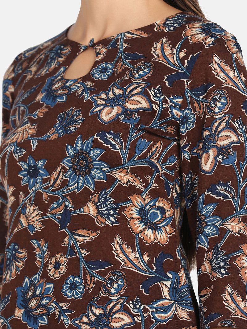 Floral Print Cotton Dress - Brown and Blue