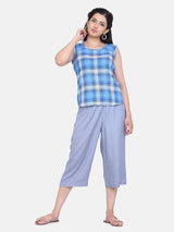 Check Cotton Top For Women - Sky Blue and Grey