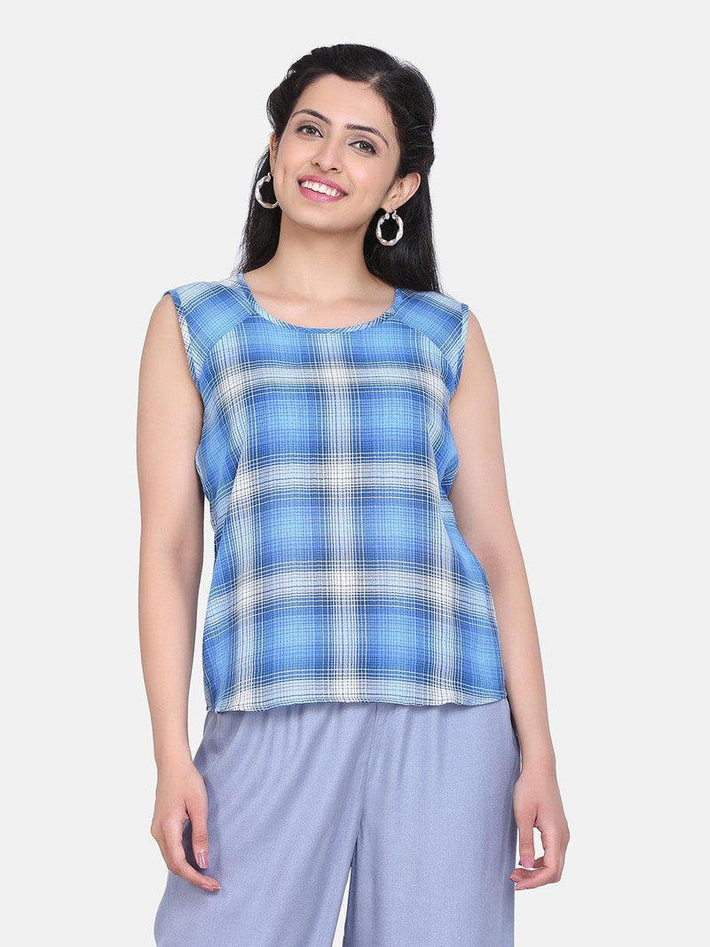 Check Cotton Top For Women - Sky Blue and Grey