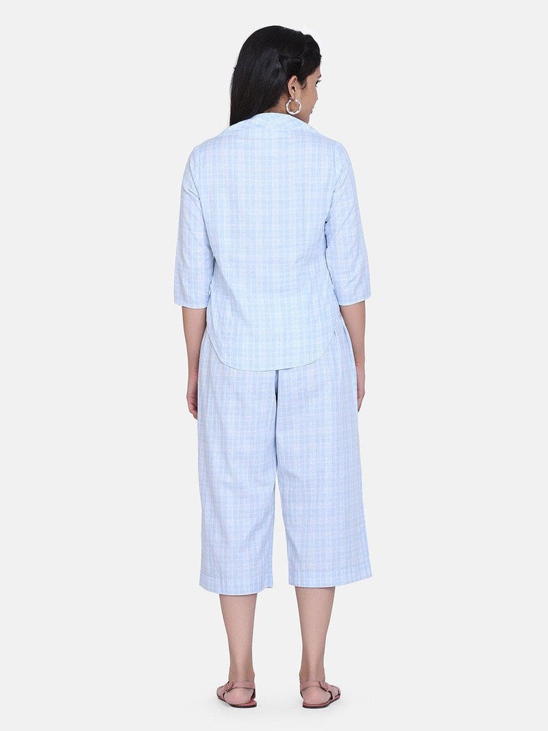 Check Cotton Co-ord Culottes For Women - Sky Blue
