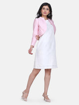 Pink Dupioni Short Jacket with Creamy White Dupioni Party Sheath Dress