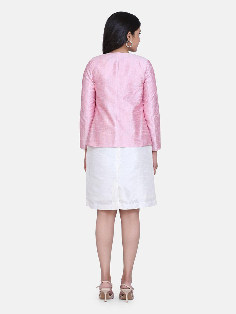Baby Pink Dupioni Jacket with Creamy White Dupioni Party Sheath Dress