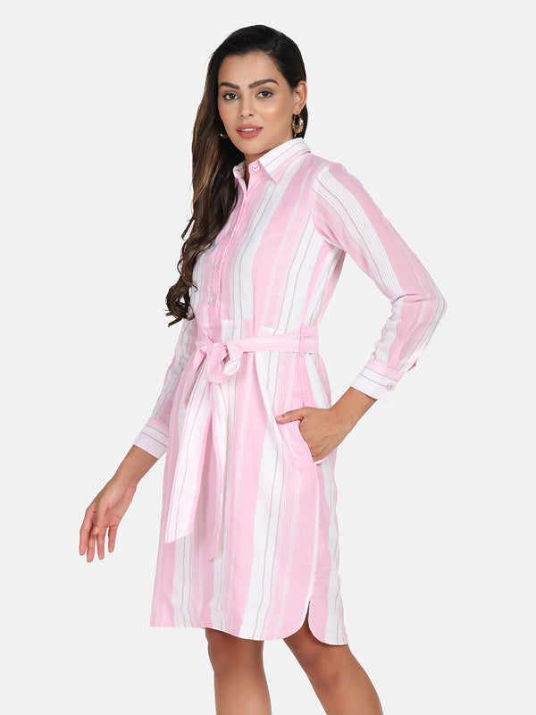 Cotton Striped Belted Shirt Dress - Baby Pink