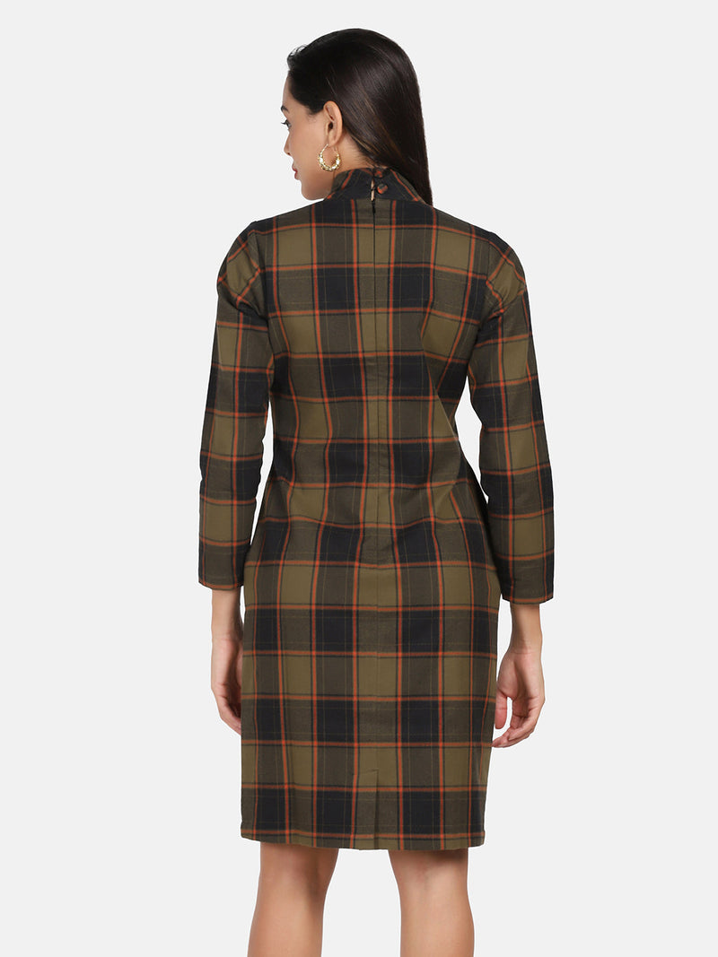 Warm Checkered Tweed Dress - Brown