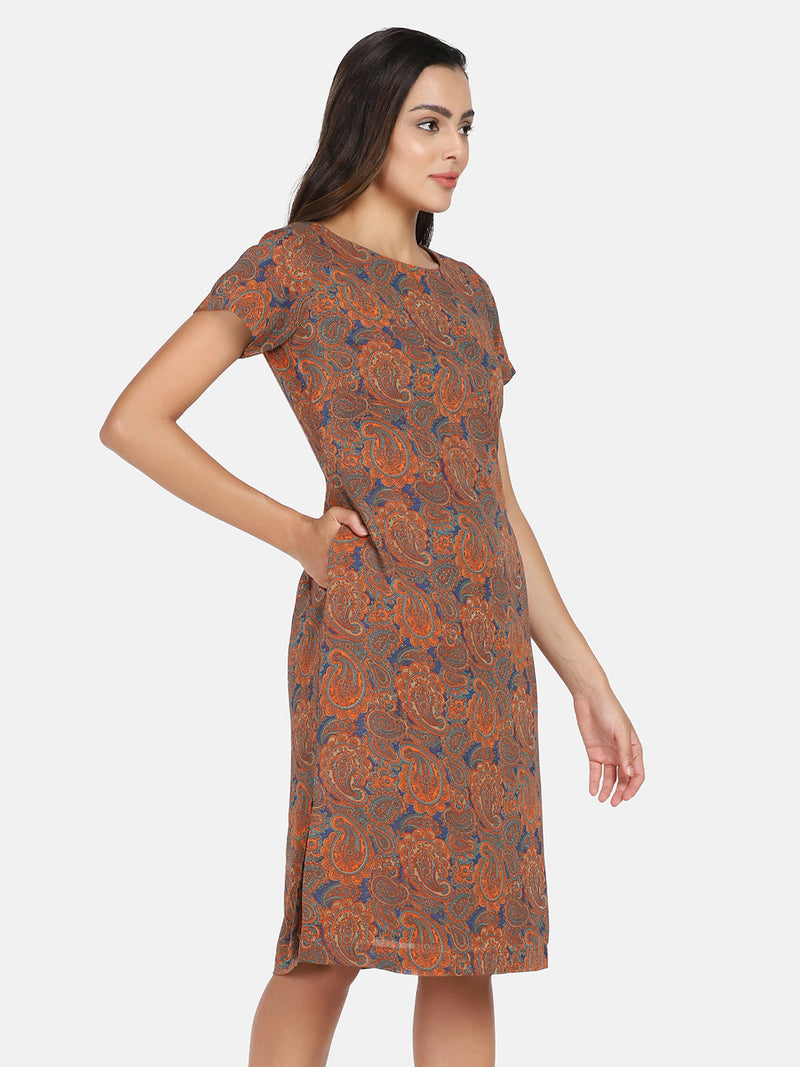 Printed Paisley Print Georgette Sheath Dress for Women - Orange & Blue