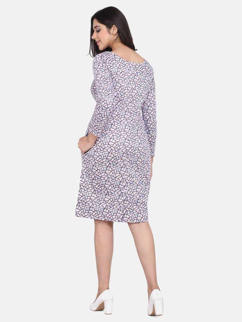 Mauve Geometric Print Cotton Stretch Dress