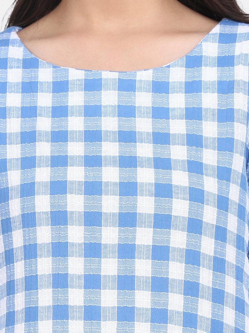 Checkered Cotton Dress For Women - Blue and White
