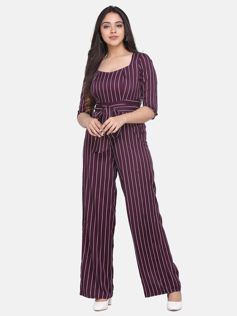 Burgundy Red Striped Crepe Jump Suit