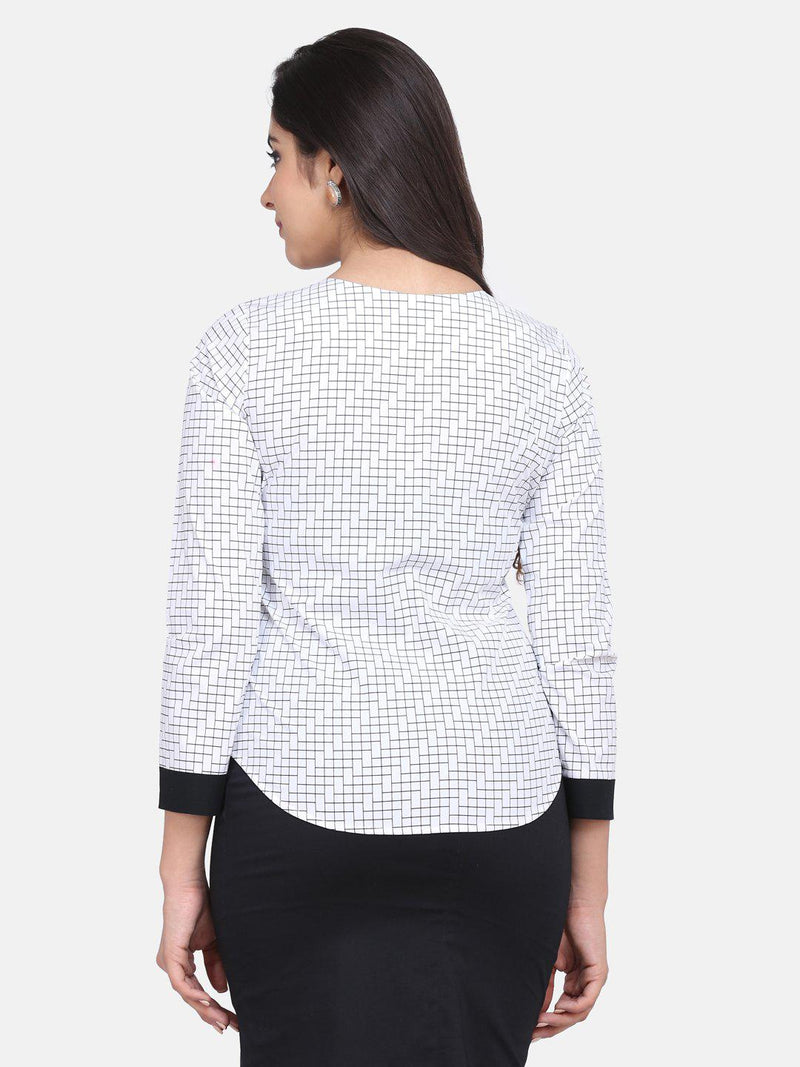 Geometric Pattern Patch Detail Cotton Top For Women  - White