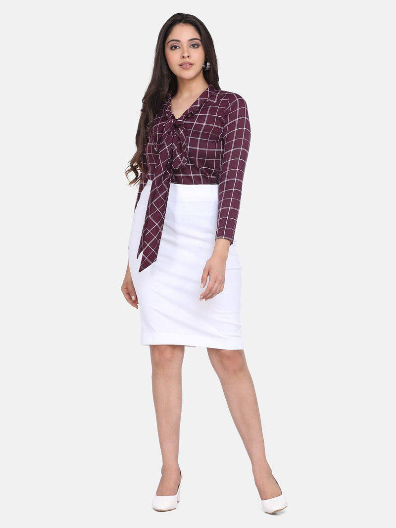 Maroon Crepe Front Tie Top with White Stretch Skirt