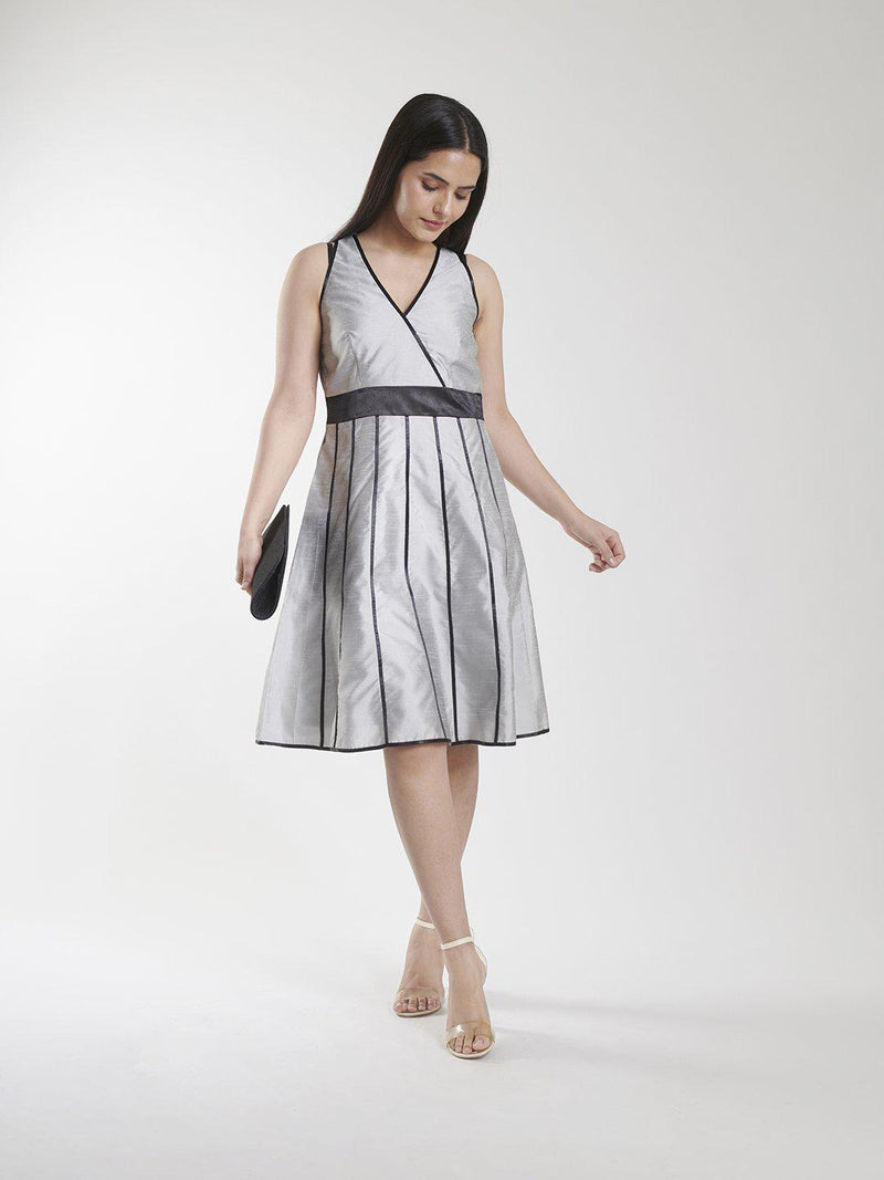 Dupioni Piping Details Party Dress For Women - Silver Grey