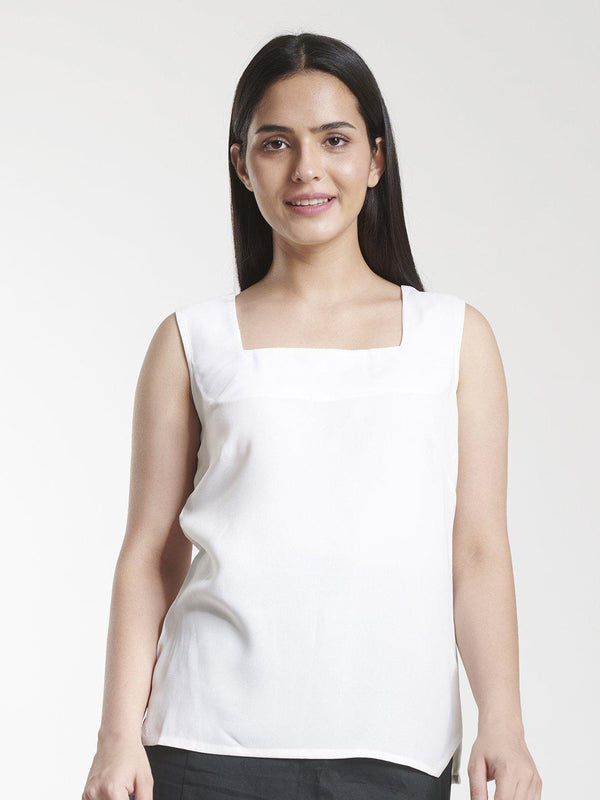 Square Neck Poly Moss Camisole Top For Women - White