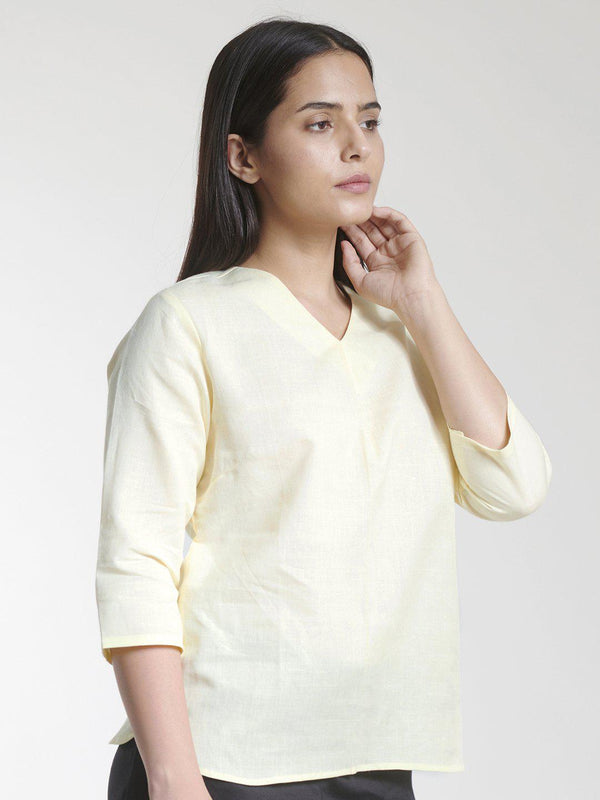 V Neck Linen Cotton Top For Women - Lemon Yellow