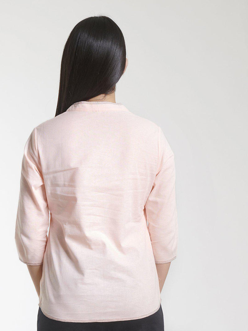 V Neck Linen Cotton Top For Women - Peach