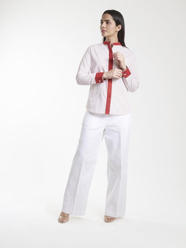 Mandarin Collar Cotton Top For Women - White and Red