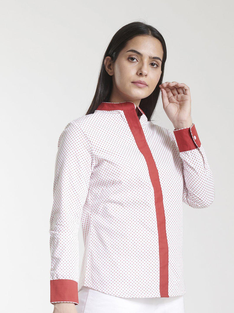 Mandarin Collar Cotton Top For Women - White and Red