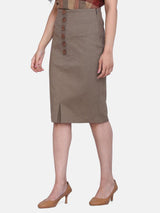Ginger Brown Button Detail Cotton Pencil Skirt