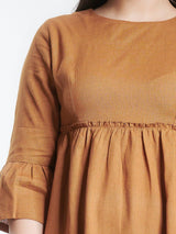 Cotton Tiered Dress For Women - Mustard Yellow