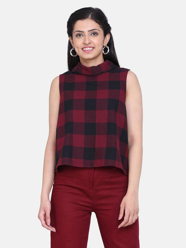 Check Trapeze Cotton Top For Women - Wine Red